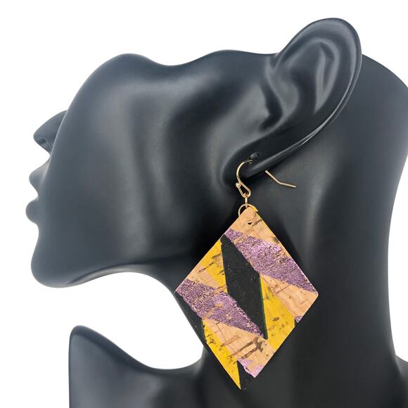 Black, Pink, and Yellow Tribal Printed Cork Earrings - Picture 2 of 3